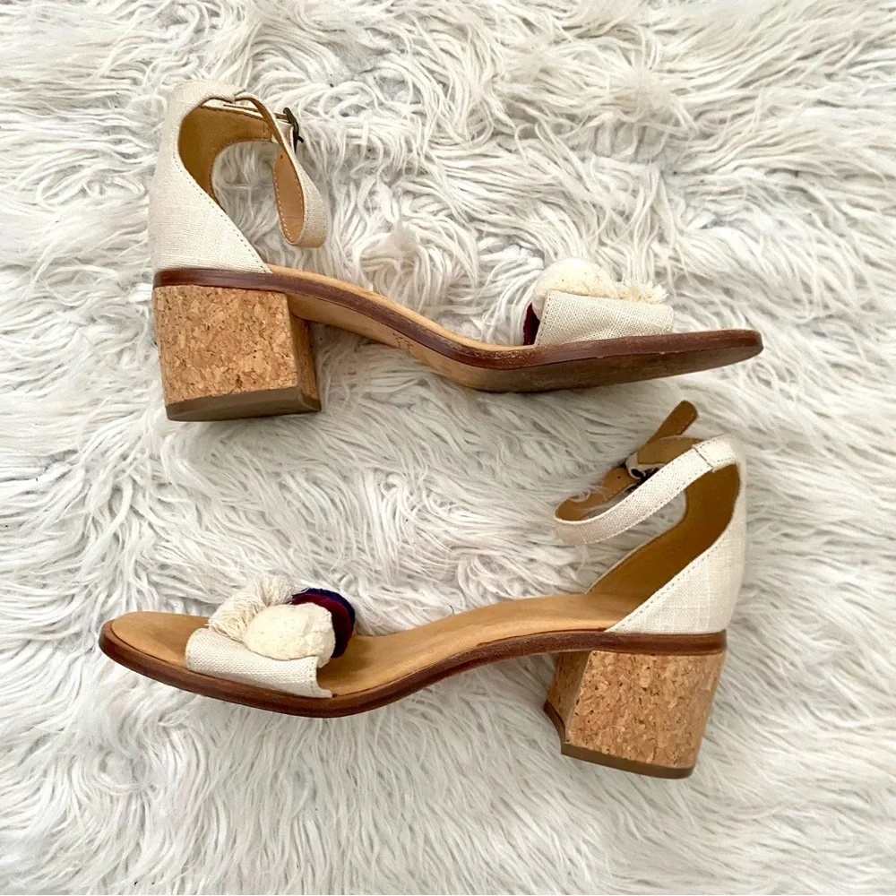 Soludos Capri Pom Pom Fringe Block Heel Sandal Ankle Strap Size 9.5 Open Toe